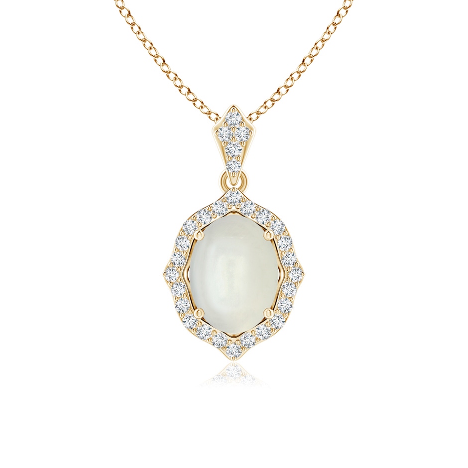 8x6mm AAAA Scalloped Frame Oval Moonstone and Diamond Halo Pendant in Yellow Gold 