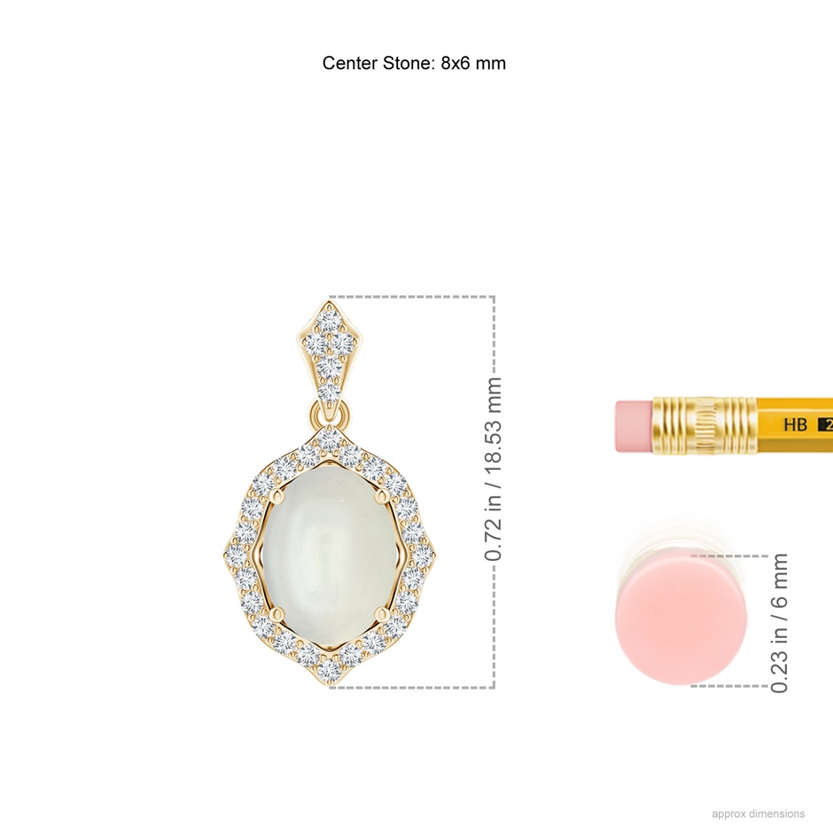 8x6mm AAAA Scalloped Frame Oval Moonstone and Diamond Halo Pendant in Yellow Gold ruler