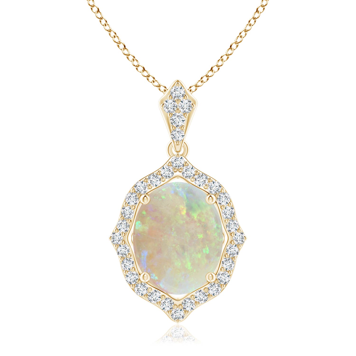 10x8mm AAA Scalloped Frame Oval Opal and Diamond Halo Pendant in 18K Yellow Gold