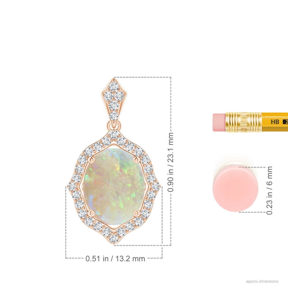 10x8mm AAA Scalloped Frame Oval Opal and Diamond Halo Pendant in Rose Gold ruler