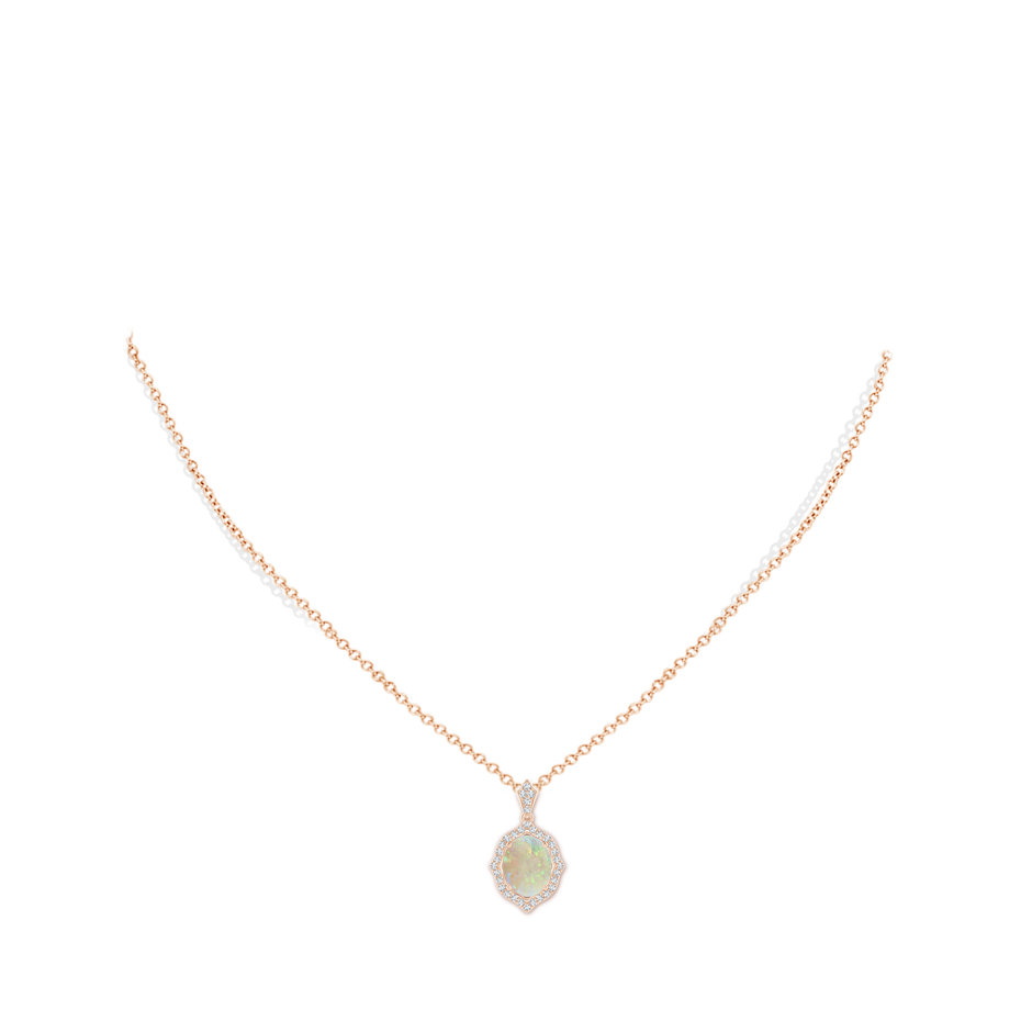 10x8mm AAA Scalloped Frame Oval Opal and Diamond Halo Pendant in Rose Gold pen