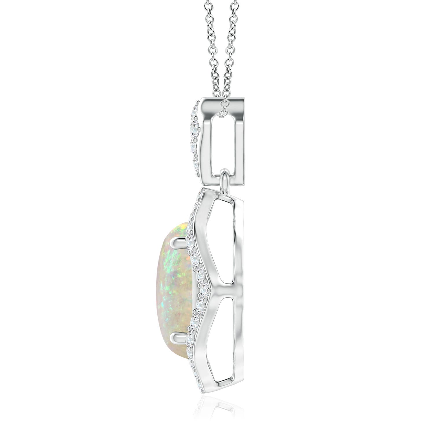10x8mm AAA Scalloped Frame Oval Opal and Diamond Halo Pendant in White Gold