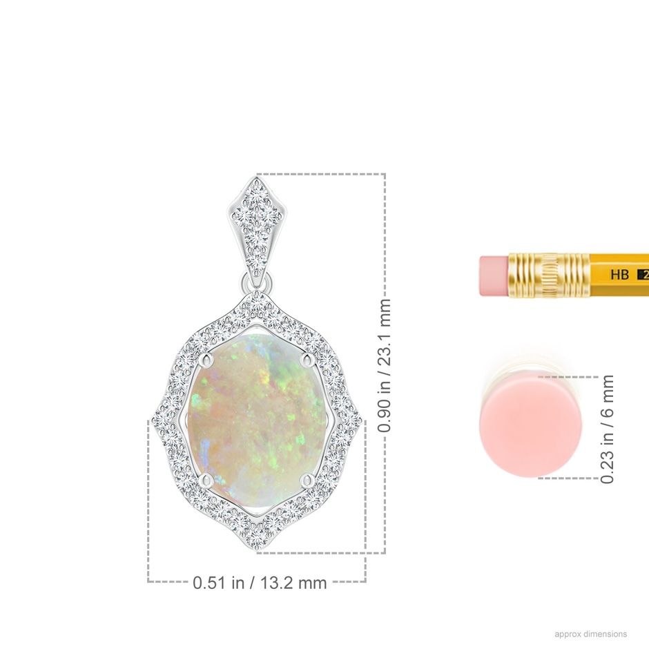 10x8mm AAA Scalloped Frame Oval Opal and Diamond Halo Pendant in White Gold ruler