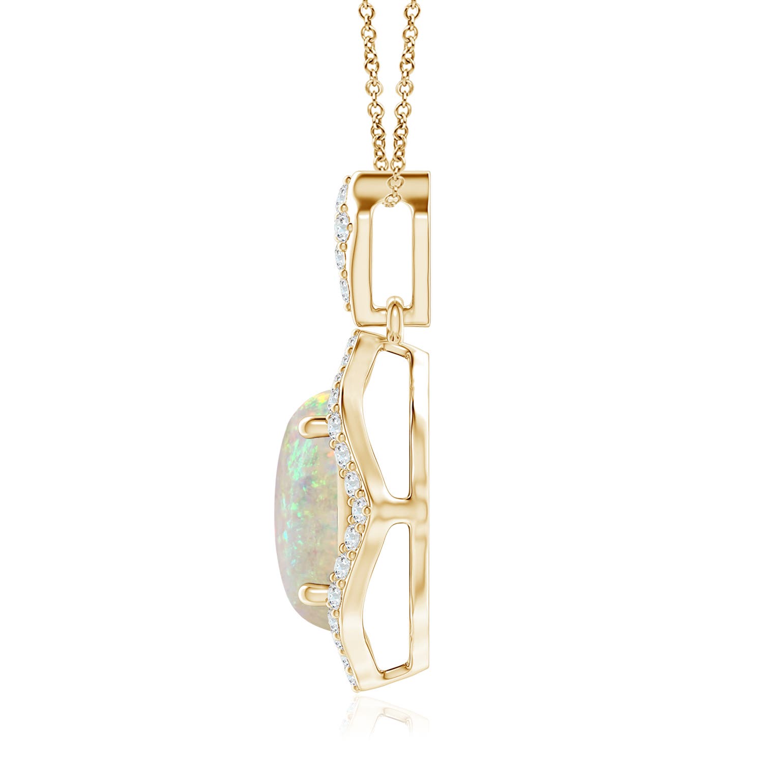 10x8mm AAA Scalloped Frame Oval Opal and Diamond Halo Pendant in Yellow Gold