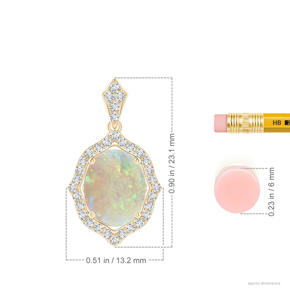 10x8mm AAA Scalloped Frame Oval Opal and Diamond Halo Pendant in Yellow Gold ruler