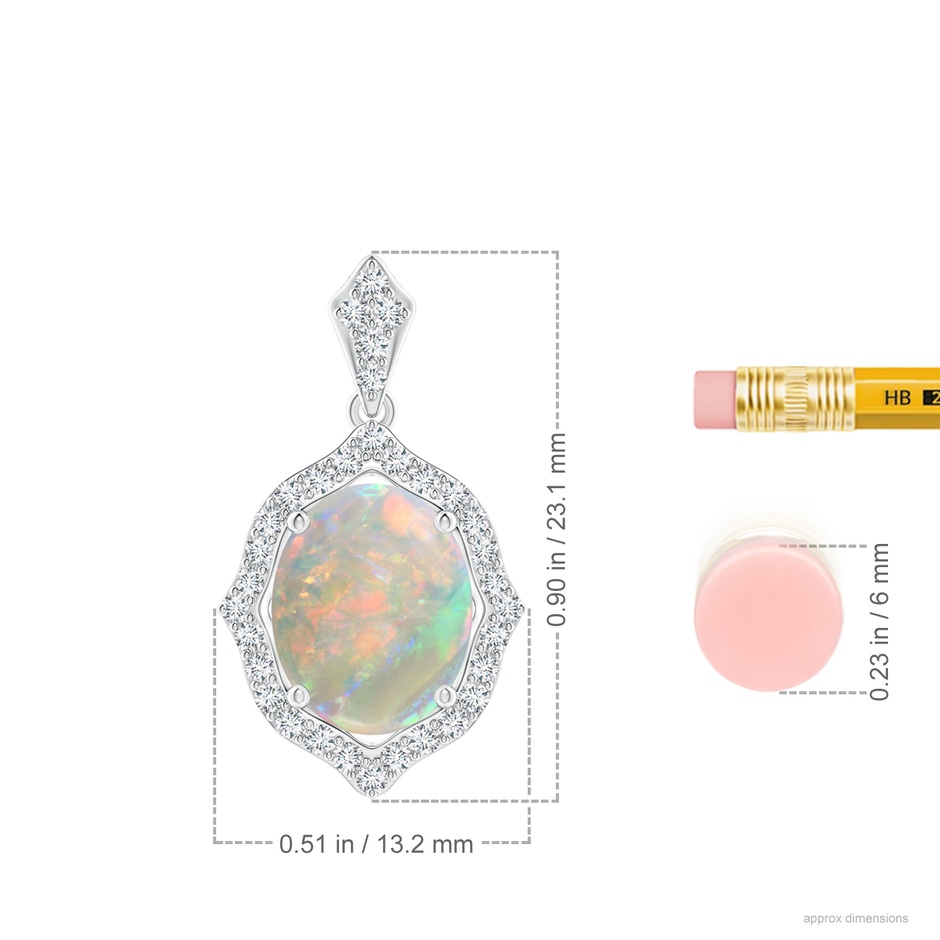 10x8mm AAAA Scalloped Frame Oval Opal and Diamond Halo Pendant in 18K White Gold ruler