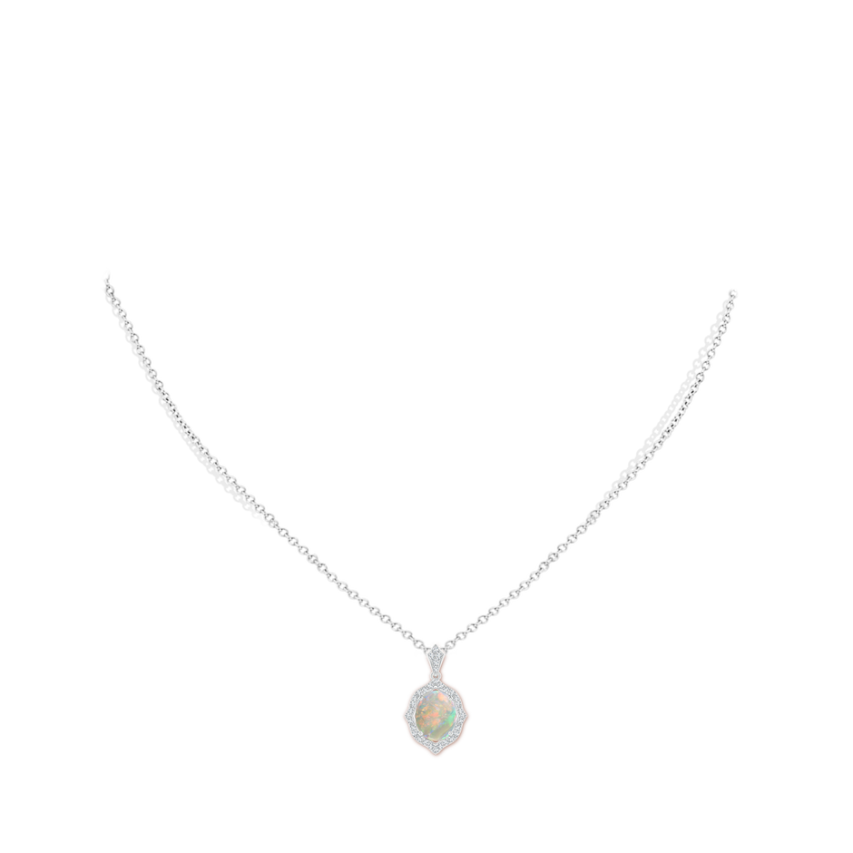 10x8mm AAAA Scalloped Frame Oval Opal and Diamond Halo Pendant in 18K White Gold pen