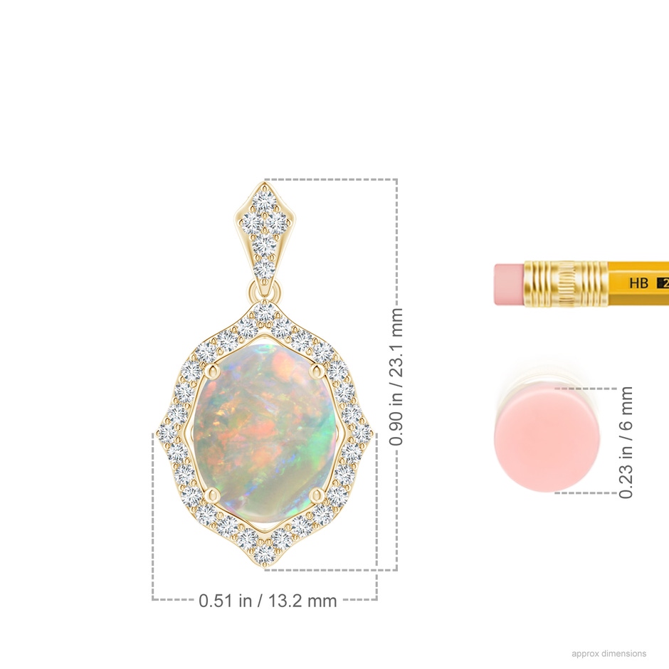 10x8mm AAAA Scalloped Frame Oval Opal and Diamond Halo Pendant in 18K Yellow Gold ruler