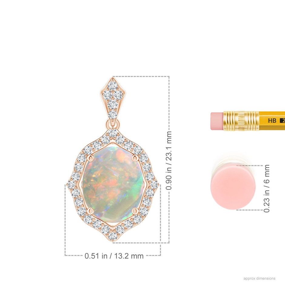 10x8mm AAAA Scalloped Frame Oval Opal and Diamond Halo Pendant in Rose Gold ruler