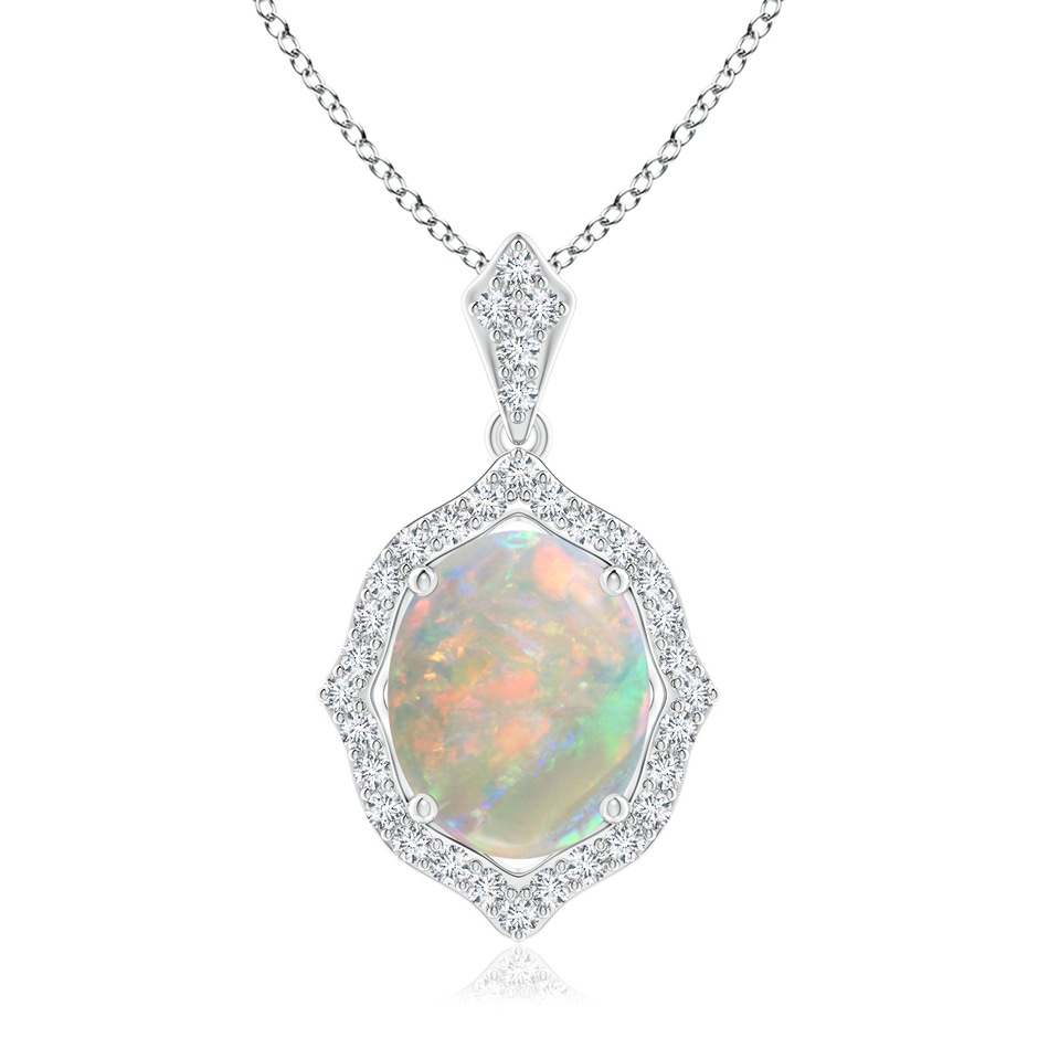 10x8mm AAAA Scalloped Frame Oval Opal and Diamond Halo Pendant in White Gold 