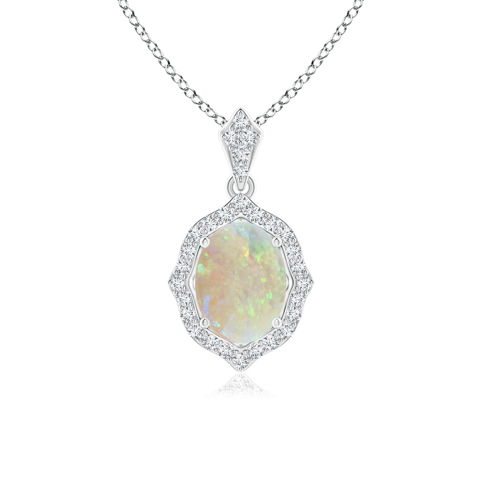 8x6mm AAA Scalloped Frame Oval Opal and Diamond Halo Pendant in White Gold 