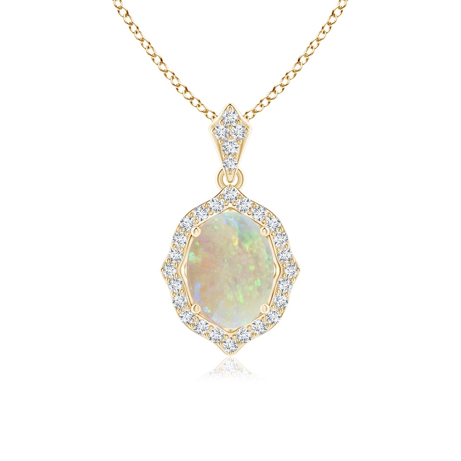 8x6mm AAA Scalloped Frame Oval Opal and Diamond Halo Pendant in Yellow Gold 