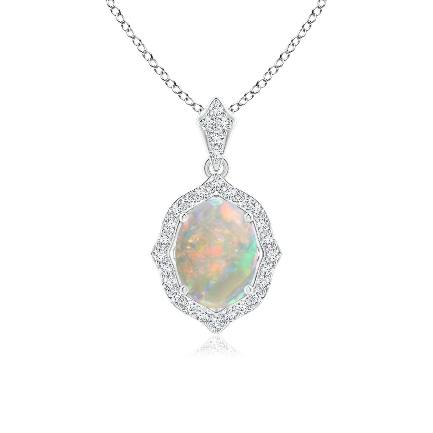 8x6mm AAAA Scalloped Frame Oval Opal and Diamond Halo Pendant in P950 Platinum