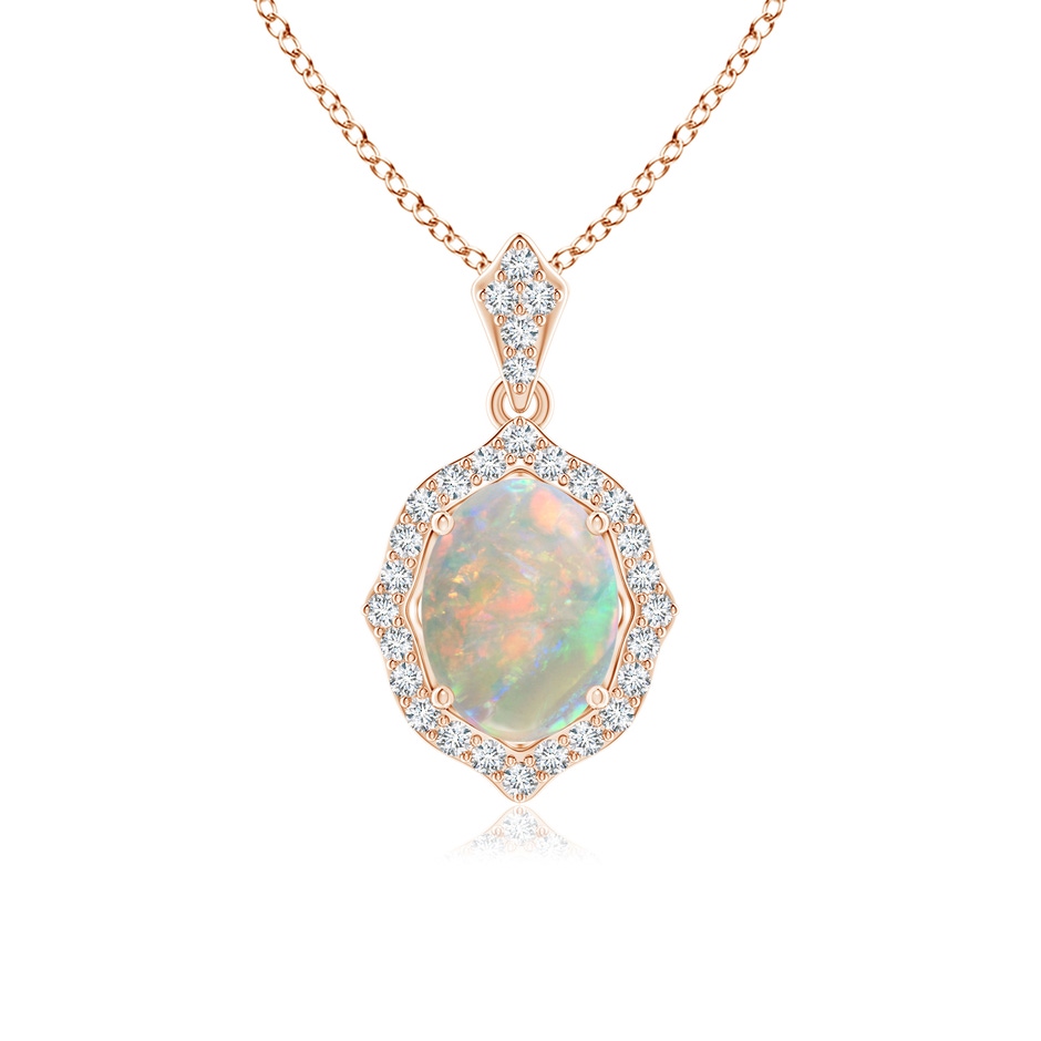 8x6mm AAAA Scalloped Frame Oval Opal and Diamond Halo Pendant in Rose Gold 
