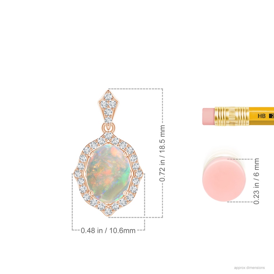 8x6mm AAAA Scalloped Frame Oval Opal and Diamond Halo Pendant in Rose Gold ruler
