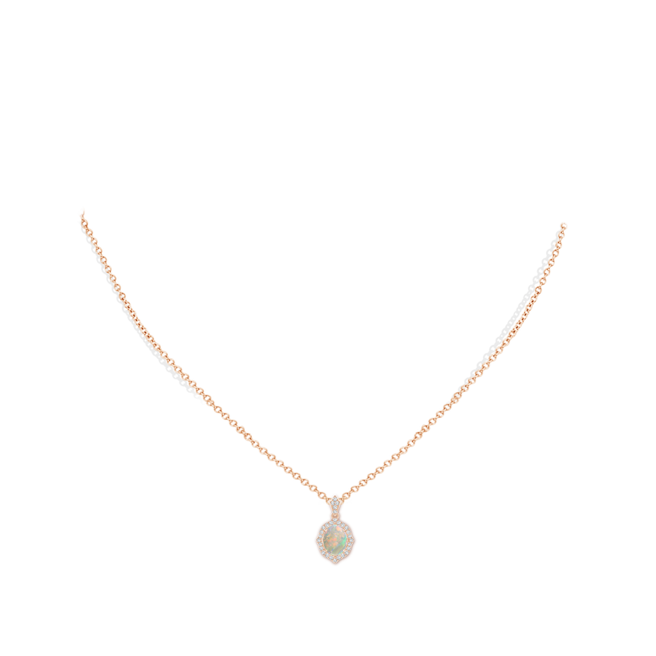 8x6mm AAAA Scalloped Frame Oval Opal and Diamond Halo Pendant in Rose Gold pen