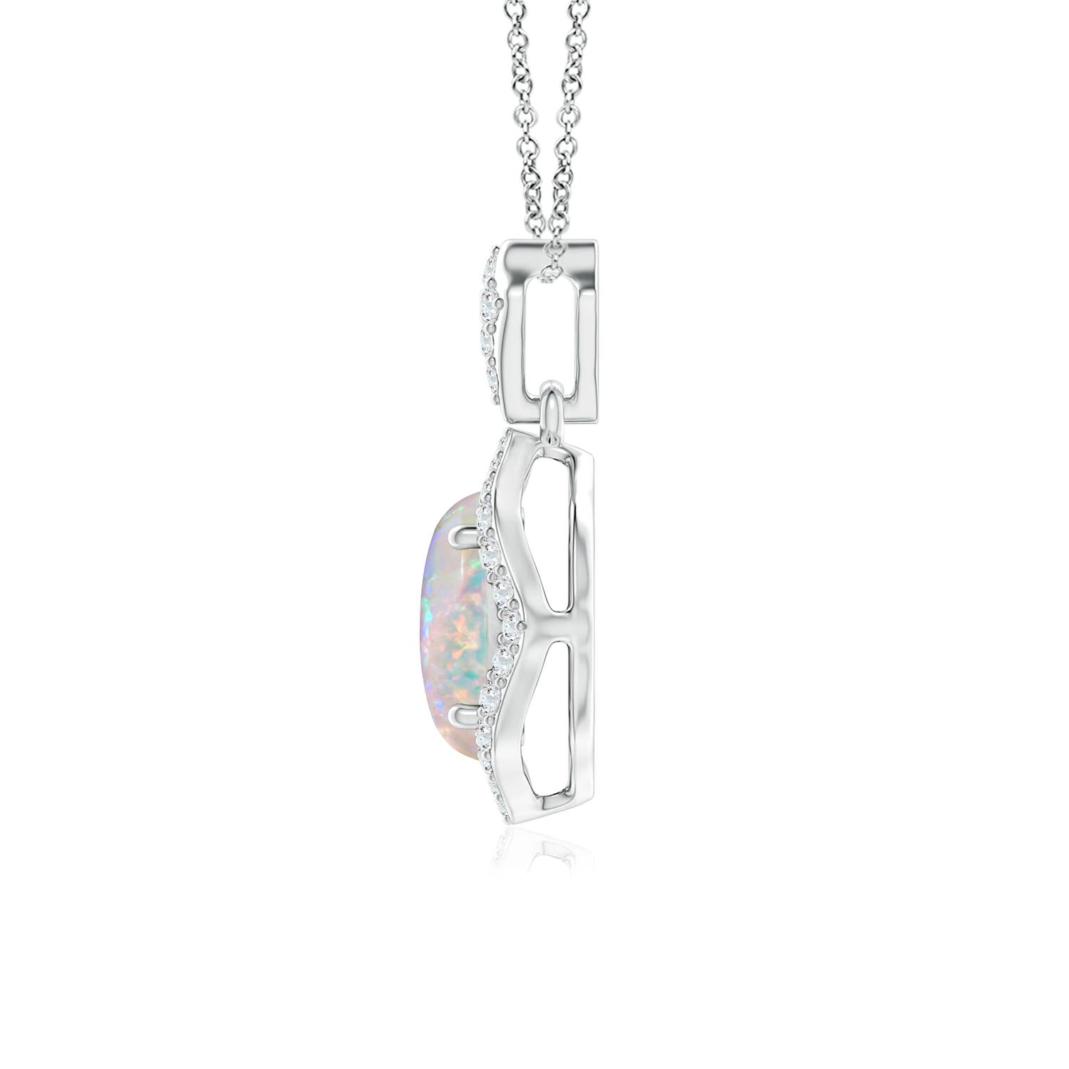 8x6mm AAAA Scalloped Frame Oval Opal and Diamond Halo Pendant in White Gold