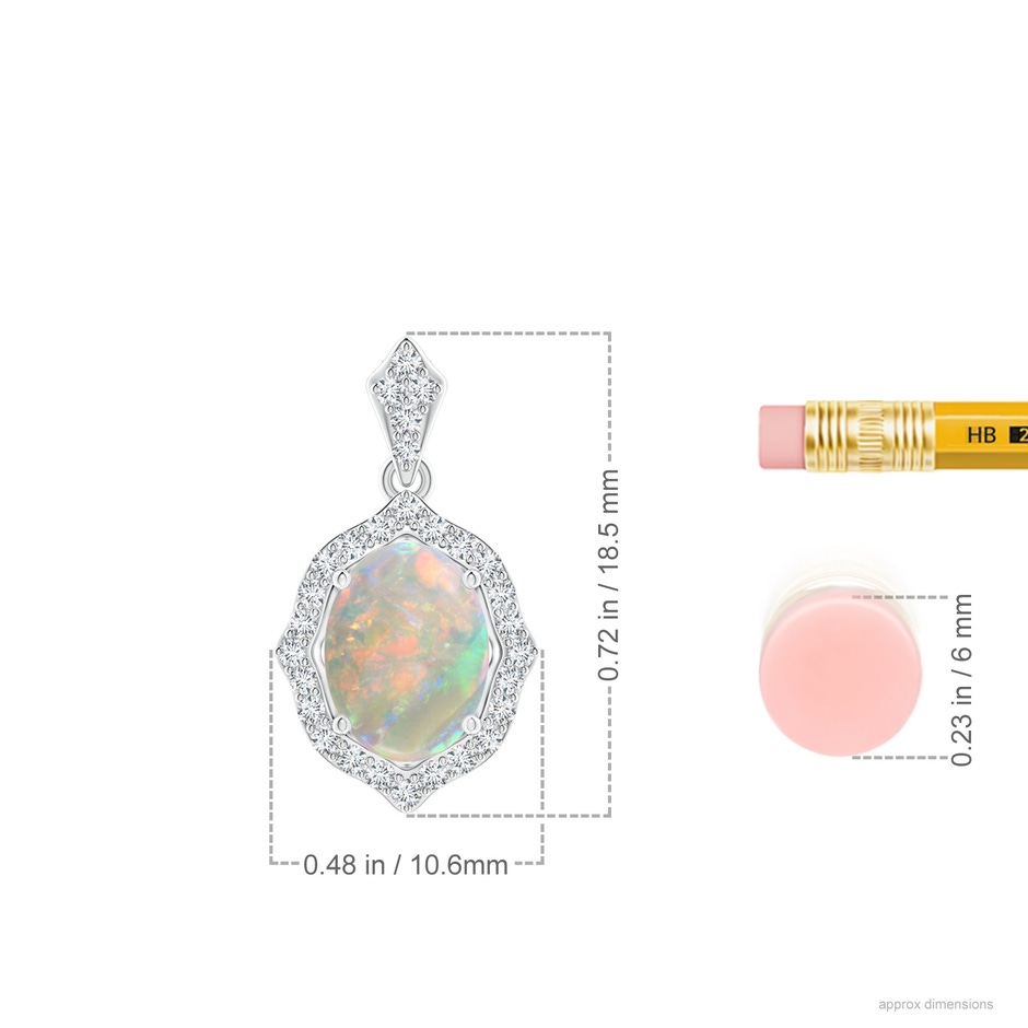 8x6mm AAAA Scalloped Frame Oval Opal and Diamond Halo Pendant in White Gold ruler