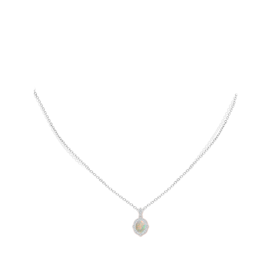 8x6mm AAAA Scalloped Frame Oval Opal and Diamond Halo Pendant in White Gold pen