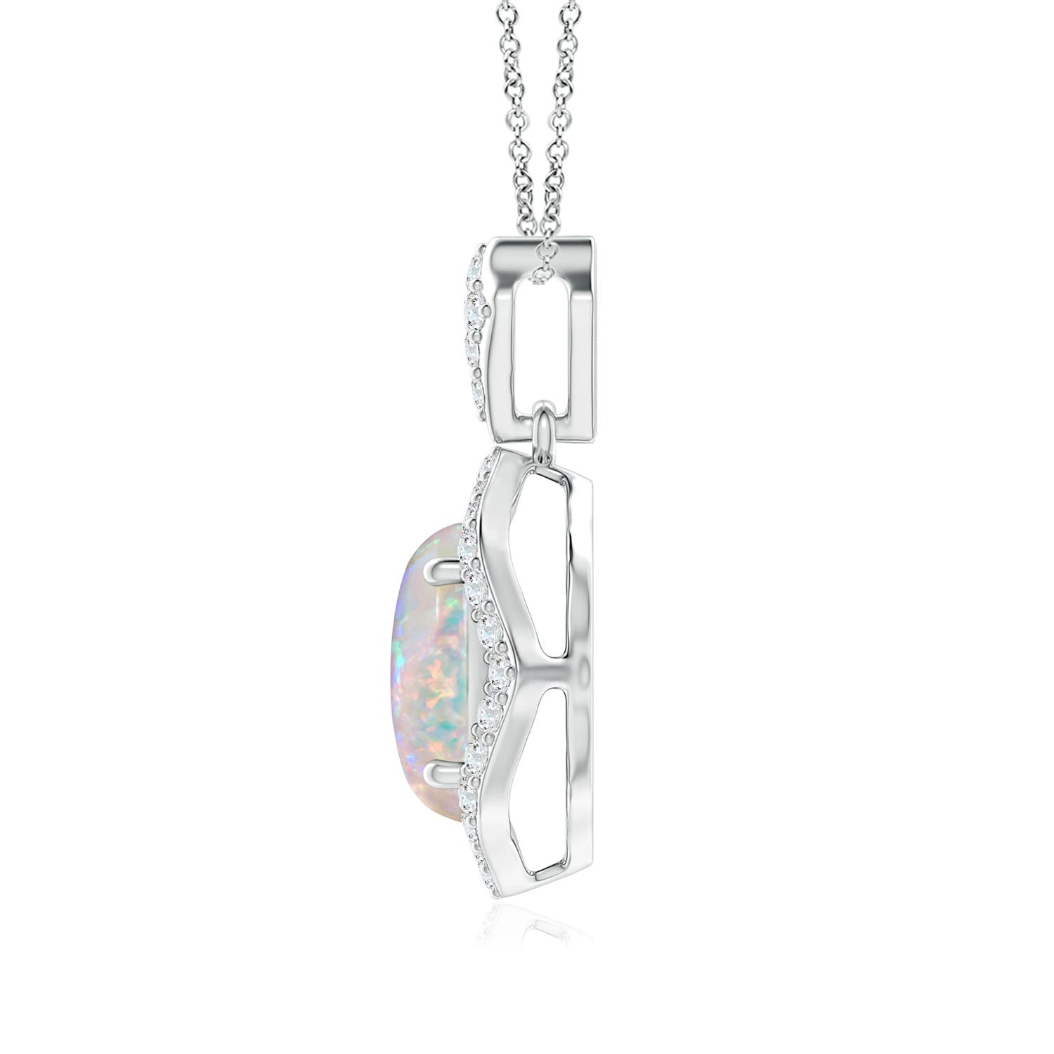 9x7mm AAAA Scalloped Frame Oval Opal and Diamond Halo Pendant in White Gold