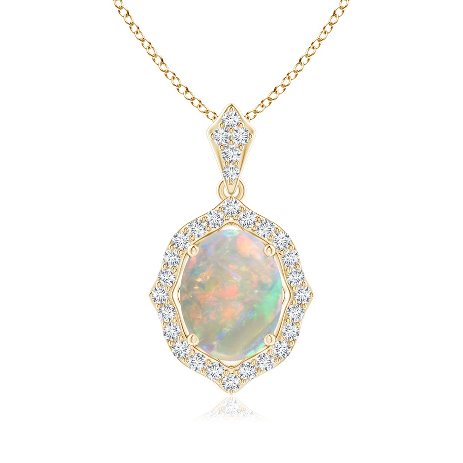 9x7mm AAAA Scalloped Frame Oval Opal and Diamond Halo Pendant in Yellow Gold 