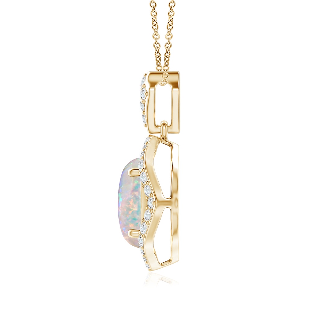 9x7mm AAAA Scalloped Frame Oval Opal and Diamond Halo Pendant in Yellow Gold Back