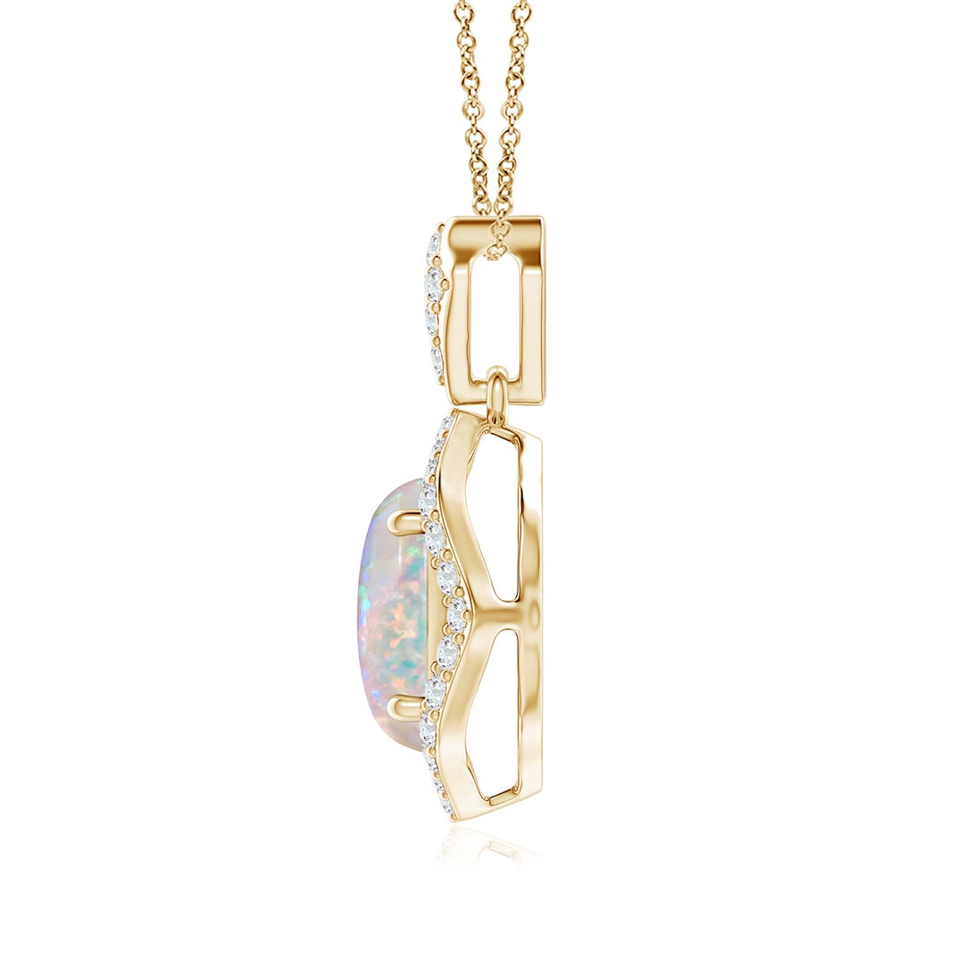9x7mm AAAA Scalloped Frame Oval Opal and Diamond Halo Pendant in Yellow Gold - side 2