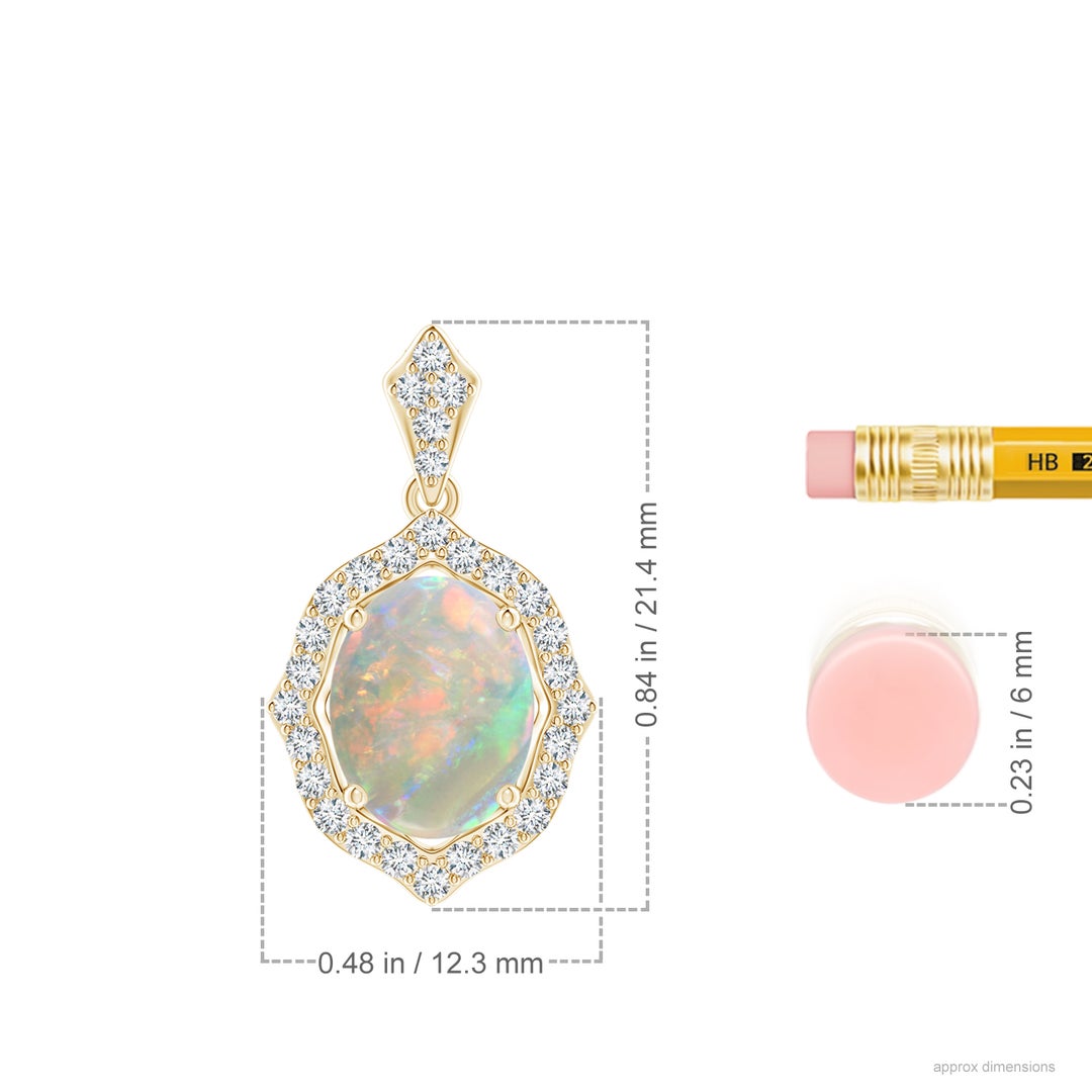 9x7mm AAAA Scalloped Frame Oval Opal and Diamond Halo Pendant in Yellow Gold - ruler
