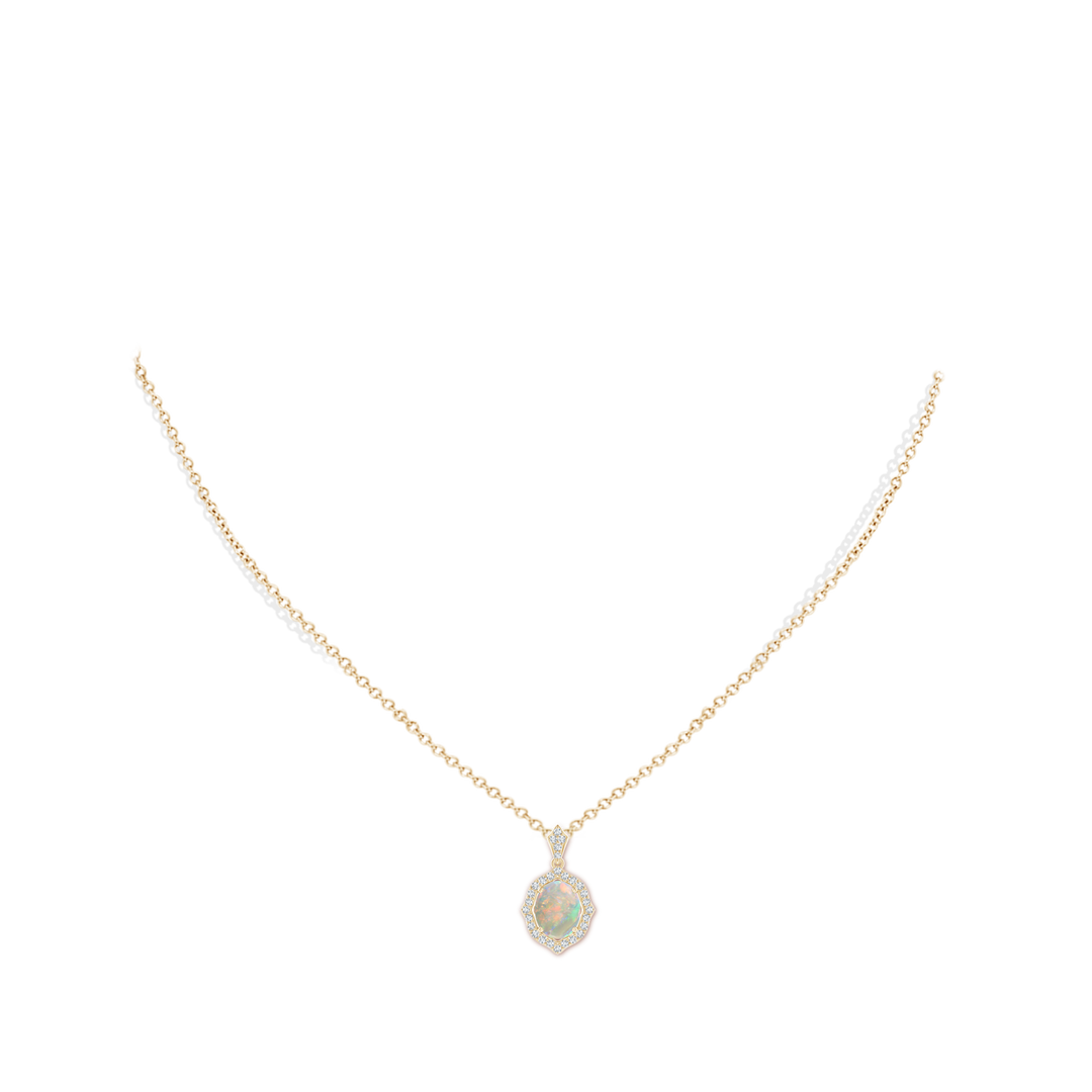 9x7mm AAAA Scalloped Frame Oval Opal and Diamond Halo Pendant in Yellow Gold - body_neck