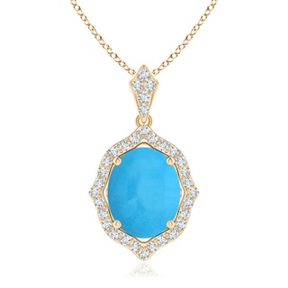10x8mm AAA Scalloped Frame Oval Turquoise and Diamond Halo Pendant in Yellow Gold