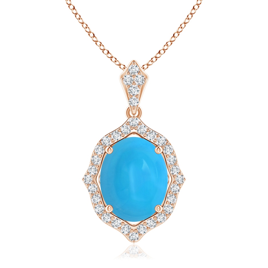 10x8mm AAAA Scalloped Frame Oval Turquoise and Diamond Halo Pendant in Rose Gold 