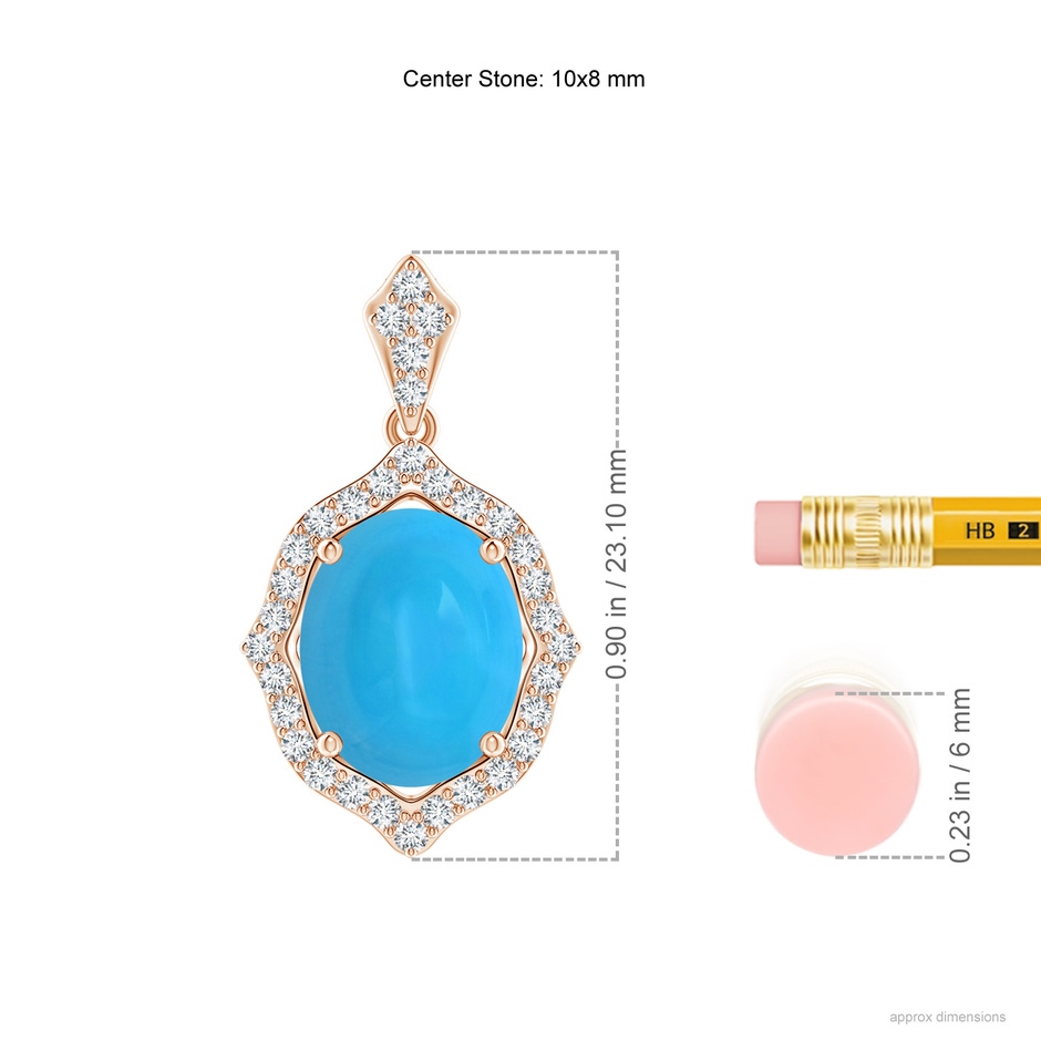 10x8mm AAAA Scalloped Frame Oval Turquoise and Diamond Halo Pendant in Rose Gold ruler