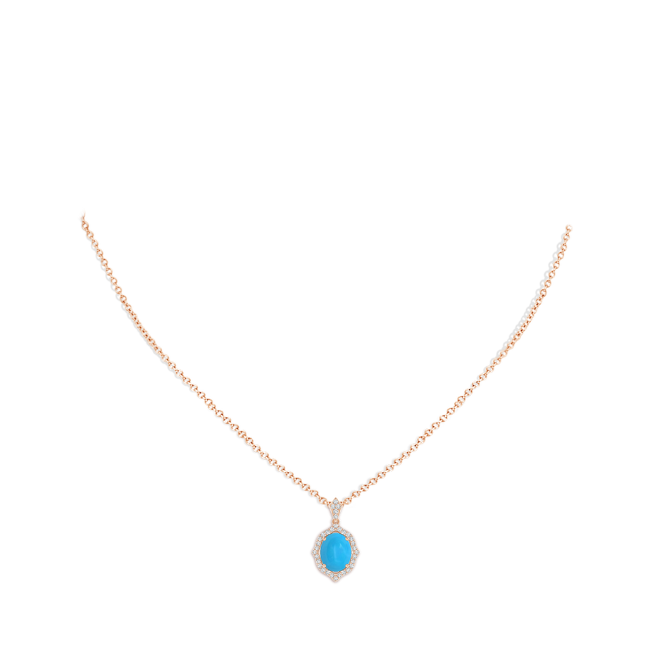 10x8mm AAAA Scalloped Frame Oval Turquoise and Diamond Halo Pendant in Rose Gold pen