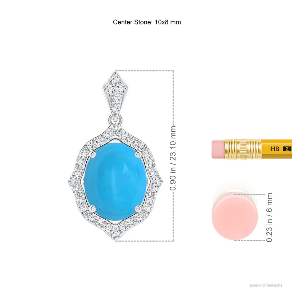 10x8mm AAAA Scalloped Frame Oval Turquoise and Diamond Halo Pendant in White Gold ruler