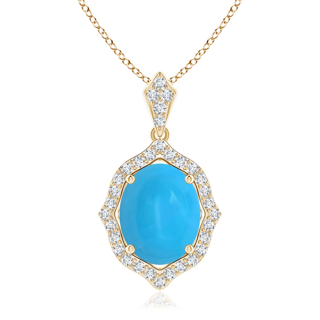 10x8mm AAAA Scalloped Frame Oval Turquoise and Diamond Halo Pendant in Yellow Gold