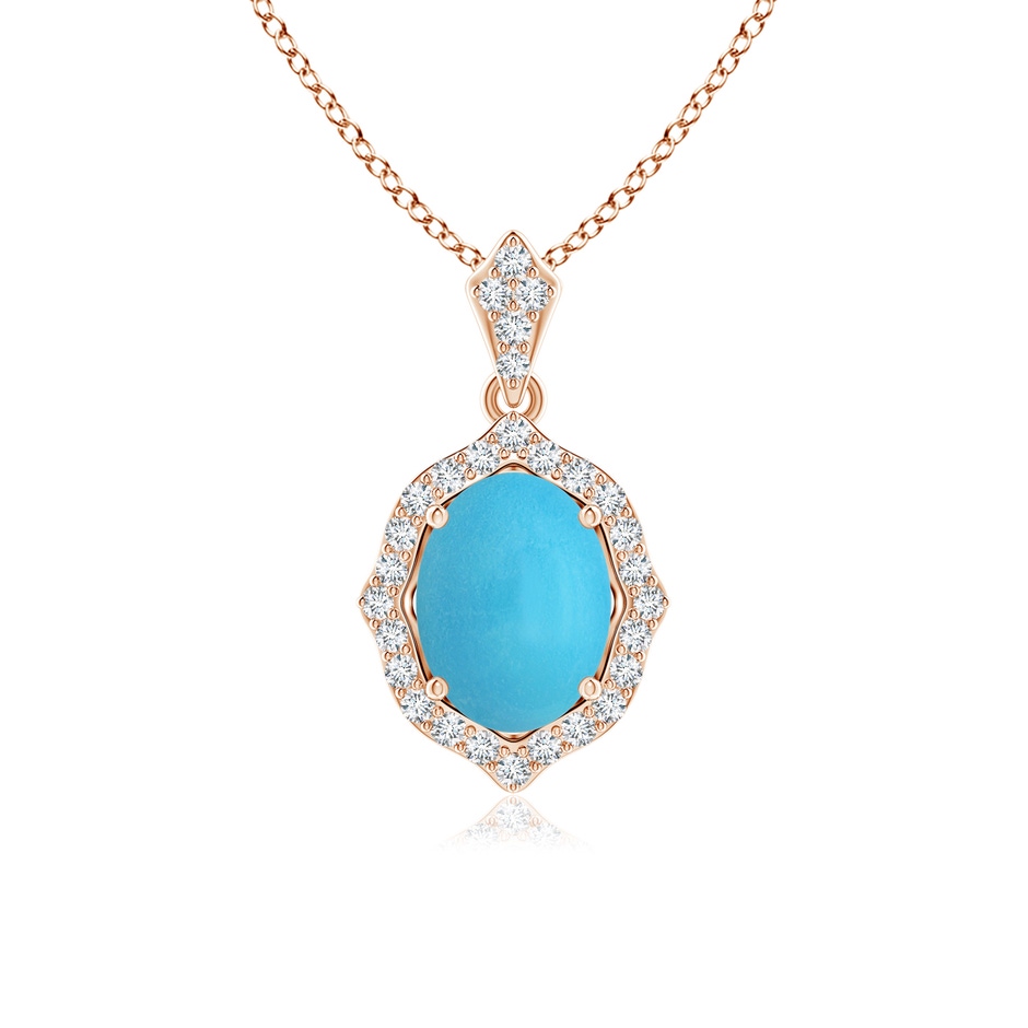 8x6mm AA Scalloped Frame Oval Turquoise and Diamond Halo Pendant in Rose Gold 