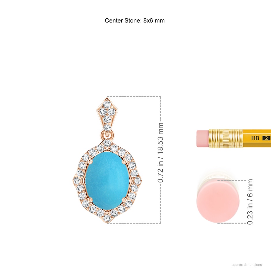 8x6mm AA Scalloped Frame Oval Turquoise and Diamond Halo Pendant in Rose Gold ruler