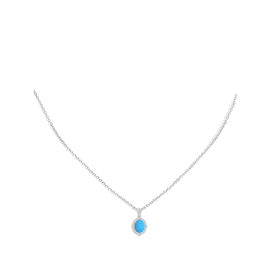 8x6mm AAA Scalloped Frame Oval Turquoise and Diamond Halo Pendant in White Gold pen