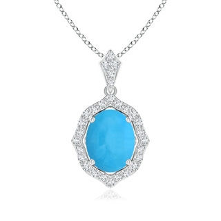 9x7mm AAA Scalloped Frame Oval Turquoise and Diamond Halo Pendant in White Gold