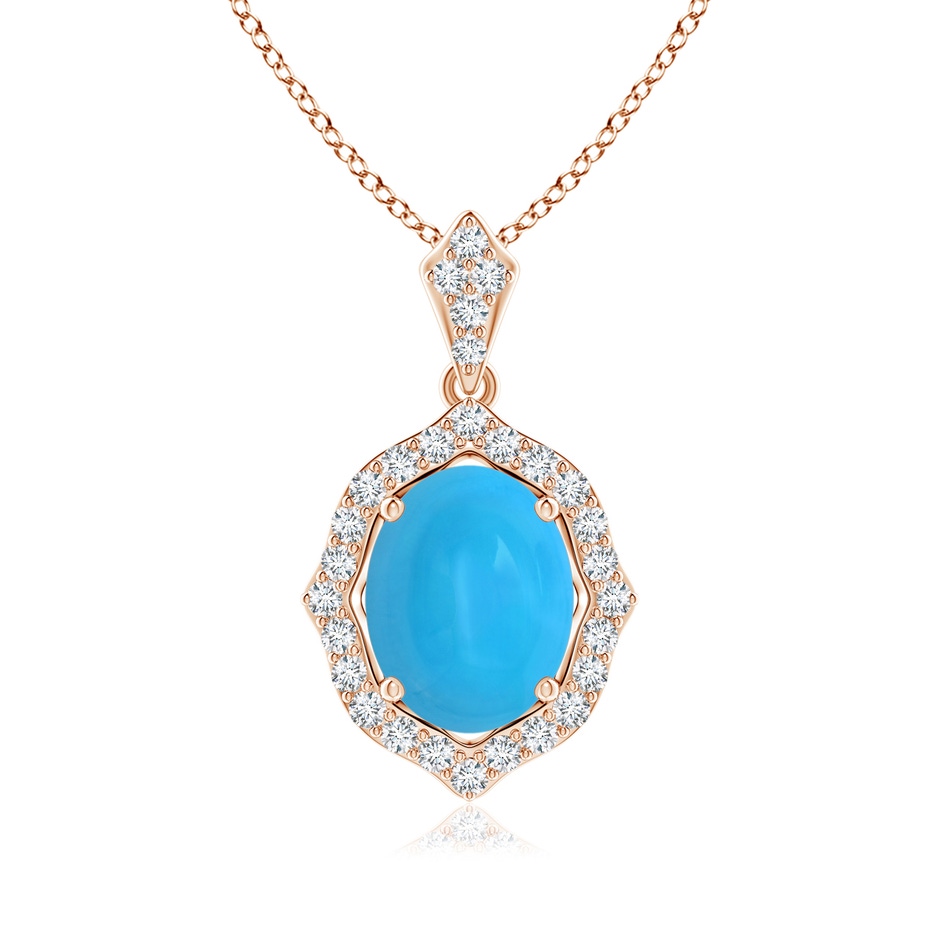 9x7mm AAAA Scalloped Frame Oval Turquoise and Diamond Halo Pendant in Rose Gold 