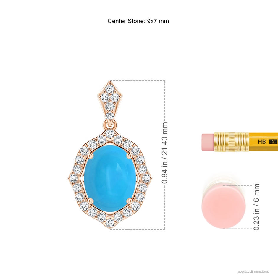 9x7mm AAAA Scalloped Frame Oval Turquoise and Diamond Halo Pendant in Rose Gold ruler