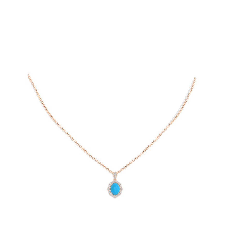 9x7mm AAAA Scalloped Frame Oval Turquoise and Diamond Halo Pendant in Rose Gold pen