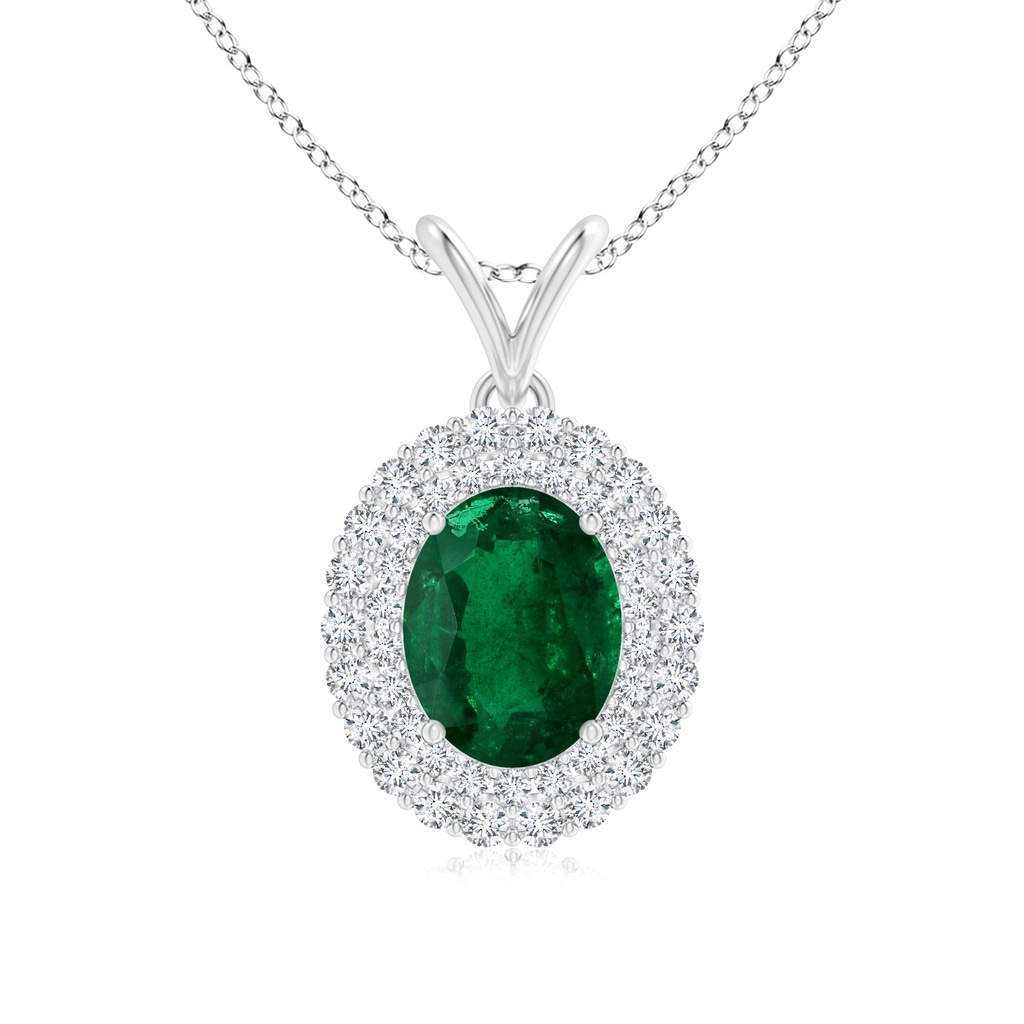 9.14x6.95x4.59mm AAA GIA Certified Oval Emerald Pendant with Double Diamond Halo in White Gold 