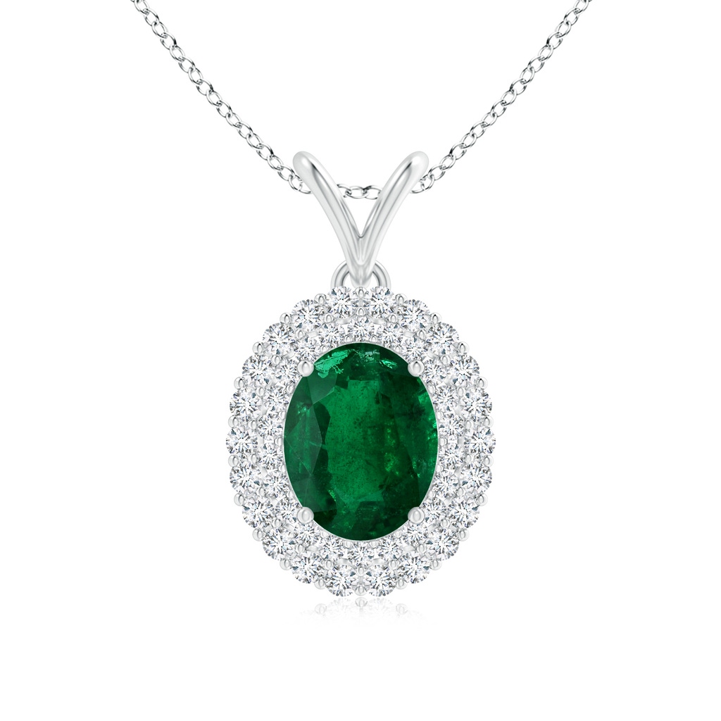 9.14x6.95x4.59mm AAA GIA Certified Oval Emerald Pendant with Double Diamond Halo in White Gold