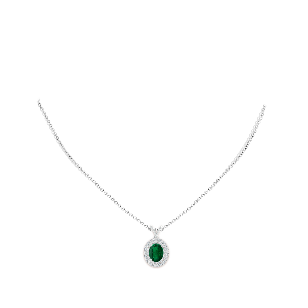 9.14x6.95x4.59mm AAA GIA Certified Oval Emerald Pendant with Double Diamond Halo in White Gold pen