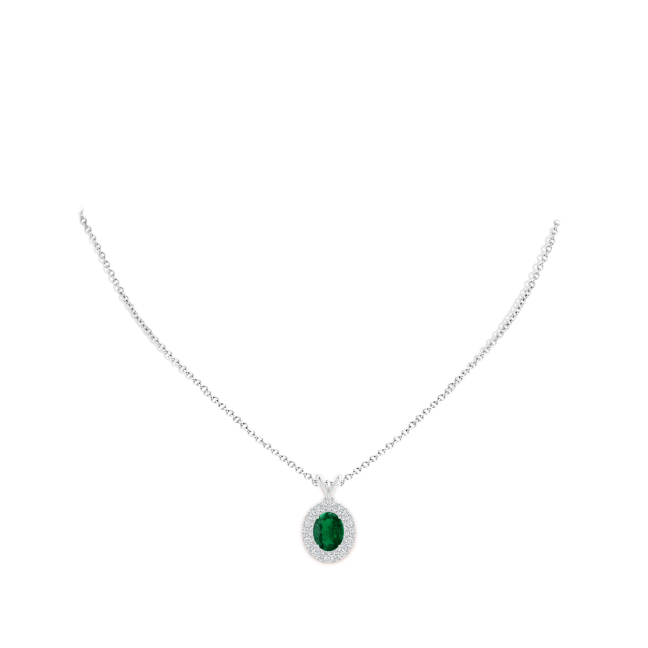 9.14x6.95x4.59mm AAA GIA Certified Oval Emerald Pendant with Double Diamond Halo in White Gold pen