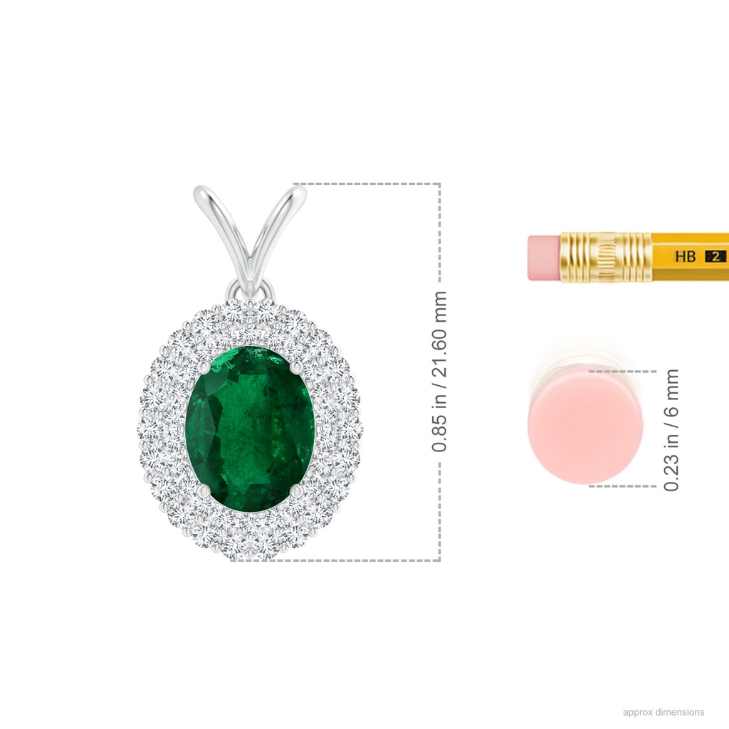 9.14x6.95x4.59mm AAA GIA Certified Oval Emerald Pendant with Double Diamond Halo in White Gold ruler