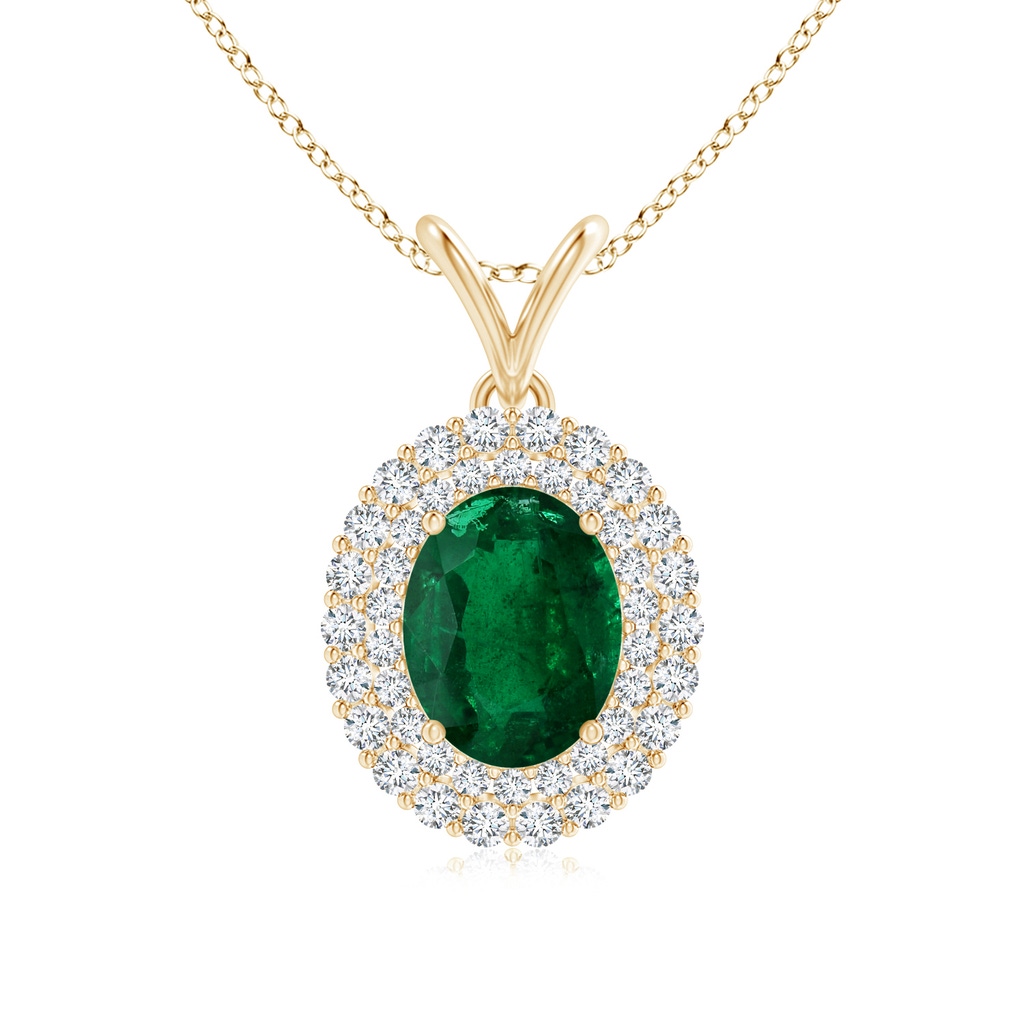 9.14x6.95x4.59mm AAA GIA Certified Oval Emerald Pendant with Double Diamond Halo in Yellow Gold