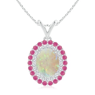 10x8mm AAA Oval Opal Pendant with Double Diamond and Pink Sapphire Halo in 9K White Gold