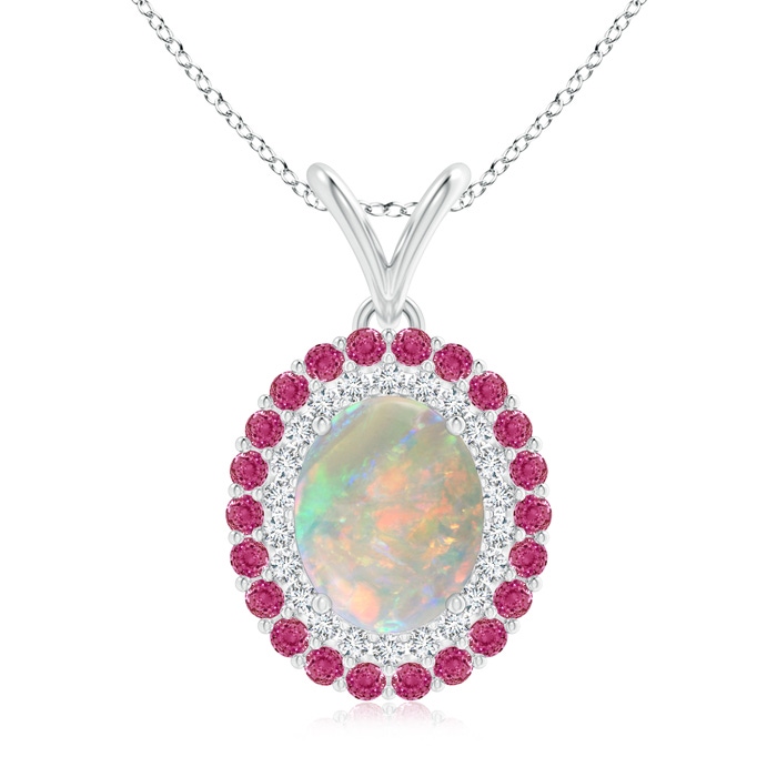 10x8mm AAAA Oval Opal Pendant with Double Diamond and Pink Sapphire Halo in P950 Platinum